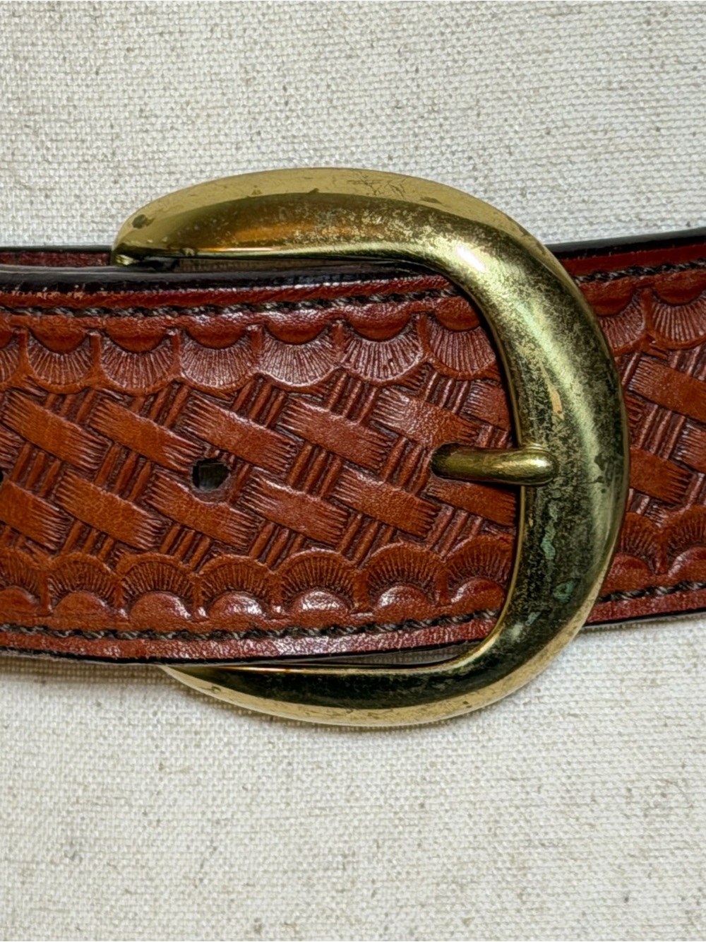 Vintage Strong Tooled Leather Belt 42 Brown Western Brass Buckle USA
